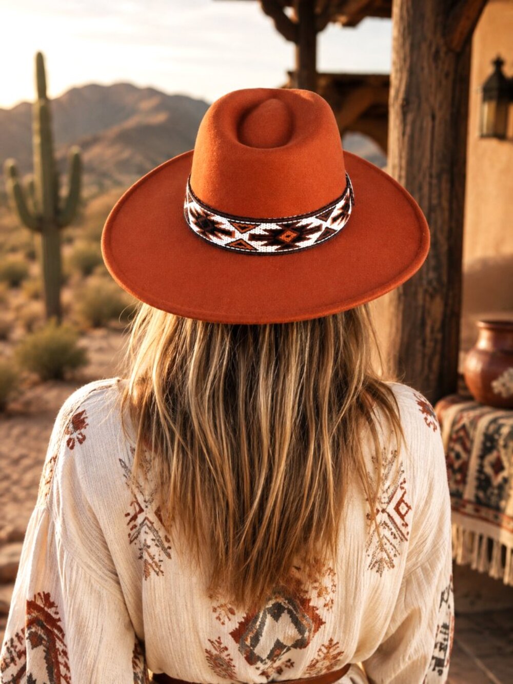 Rust Southwestern Western Felt Fedora Hat Aztec Pattern Band Boho Autumn OSFM - Picture 3 of 6